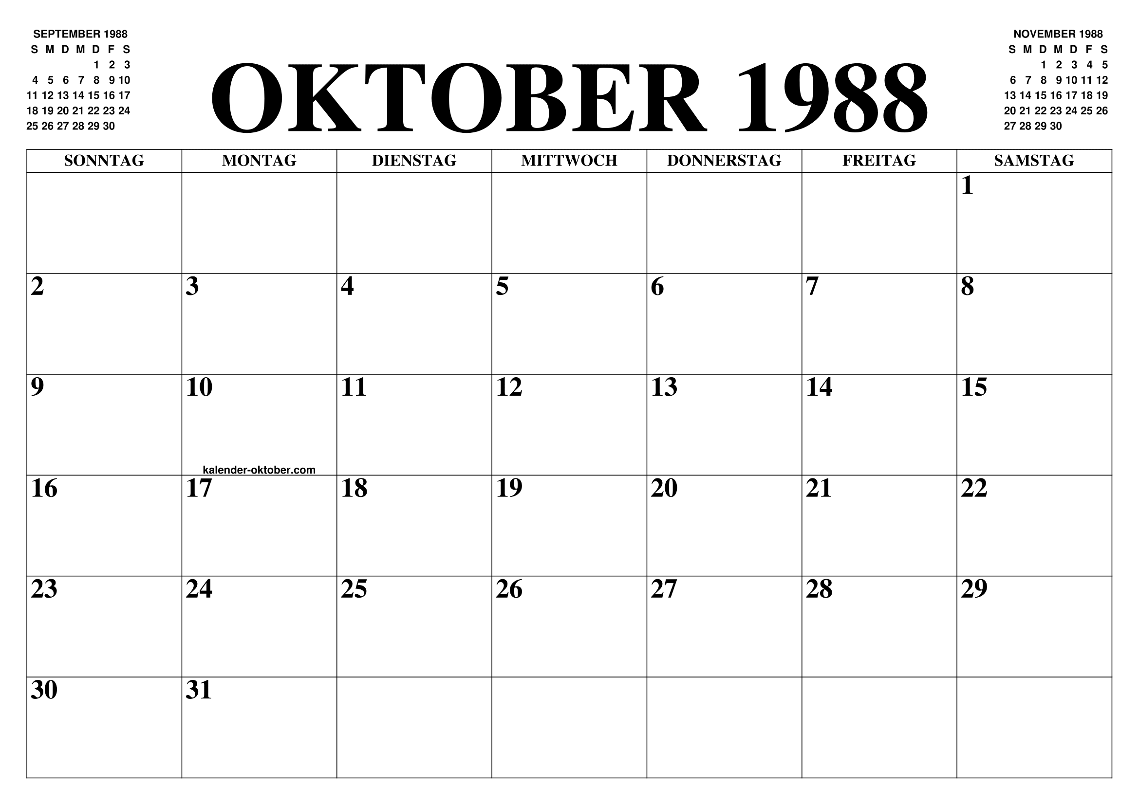 KALENDER OKTOBER 1988 : OKTOBER KALENDER ZUM AUSDRUCKEN GRATIS MONAT UND JAHR AGENDA