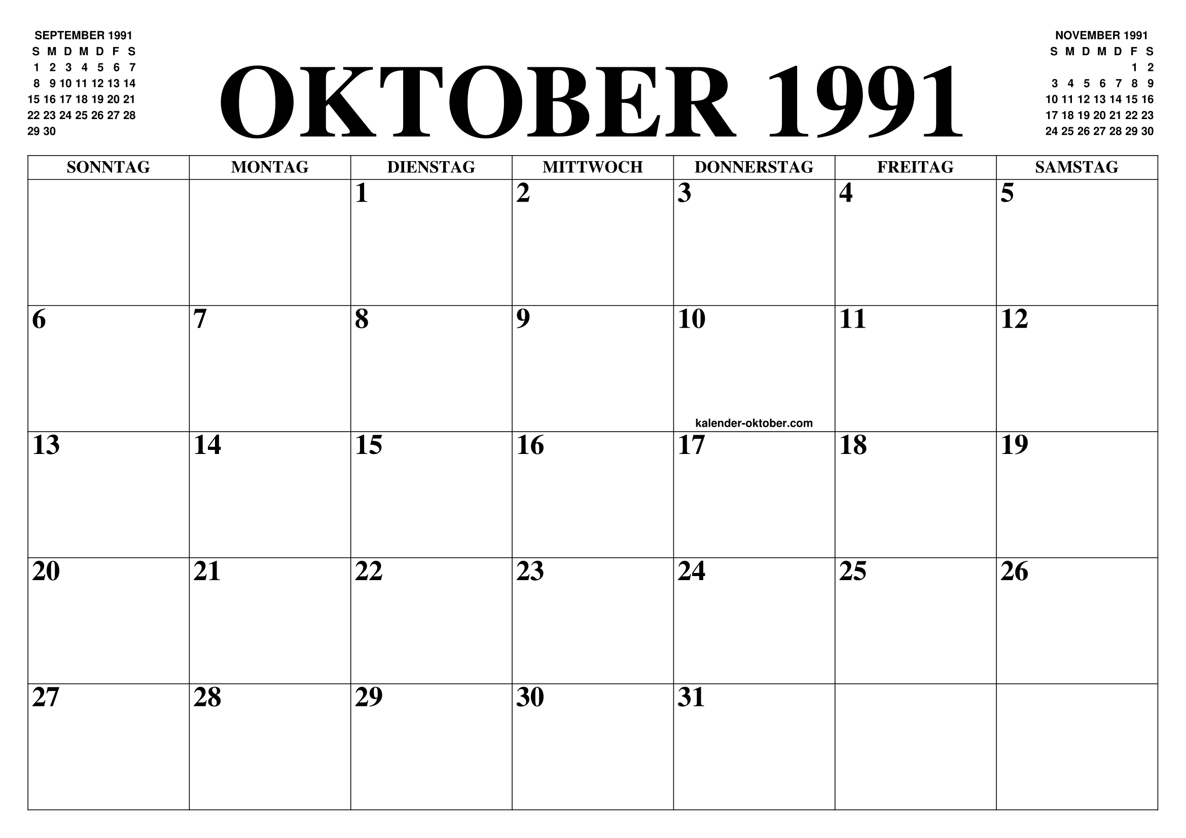 KALENDER OKTOBER 1991 OKTOBER KALENDER ZUM AUSDRUCKEN GRATIS MONAT