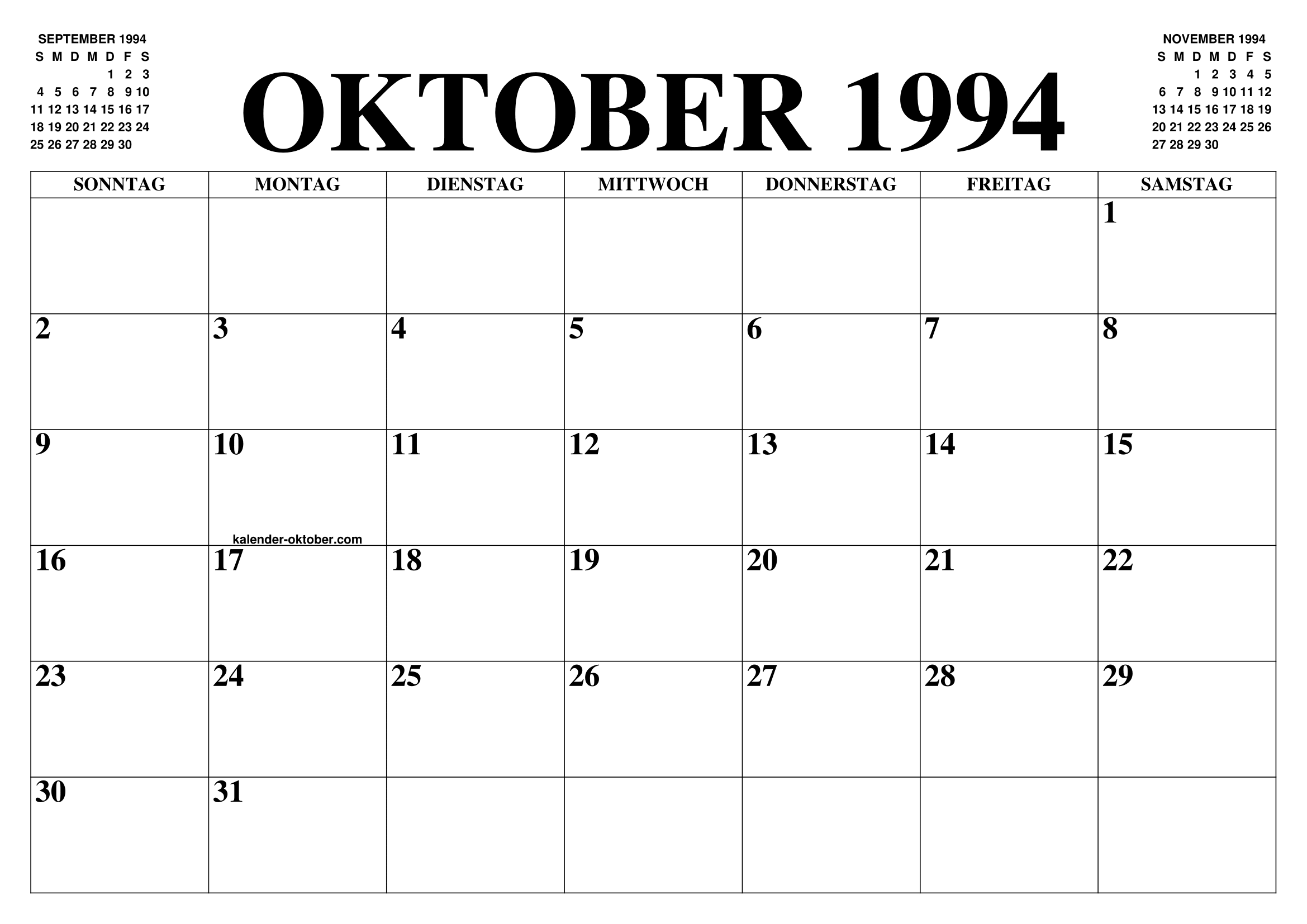 KALENDER OKTOBER 1994 OKTOBER KALENDER ZUM AUSDRUCKEN GRATIS MONAT